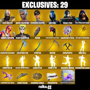✨ EXCLUSIVE OFFER⚡️(PC/XBOX) 1000 VB) 272 SKINS 💫 Master Chief 🔥 Gold Kratos 💎 Recon Champion 🔥 Unchained Ramirez 💎 Sultura 🔥 Snake Eyes 💎 FNCS Champion Seeker | PARENTAL CONTROL — Fortnite account listing