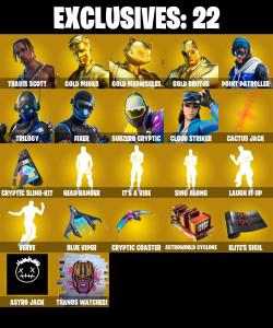 (PC) 118 SKINS ๐ฅ Travis Scott ๐ฅ Gold Midas ๐ฅ Gold Meowscles ๐ฅ Gold Brutus ๐ฅ Point Patroller ๐ฅ Trilogy ๐ฅ Fixer ๐ฅ Subzero Cryptic ๐ฅ 250 VB | PARENTAL CONTROLS โ Fortnite account listing