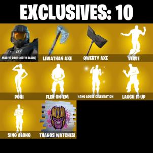 (PC/PSN) 203 SKINS ๐ฅ Master Chief (Matte Black) ๐ฅ Midas Rex ๐ฅ Nezumi ๐ฅ Menace ๐ฅ Mizuki ๐ฅ Renzo the Destroyer ๐ฅ The Ageless ๐ฅ 3000 V-Buc PARENTAL CONTROLS โ Fortnite account listing