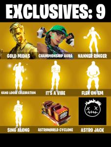 (PC/PSN/XBOX) 175 SKINS ๐ฅ Gold Midas ๐ฅ Championship Aura ๐ฅ Joey ๐ฅ The Imagined ๐ฅ Mizuki ๐ฅ Spectra Knight ๐ฅ Kado Thorne ๐ฅ 1450 V-Bucks PARENTAL CONTROLS โ Fortnite account listing