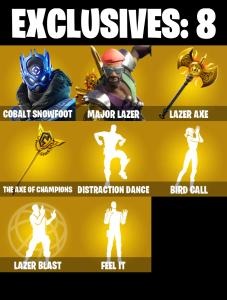 (PC) 245 SKINS ๐ฅ Renegade Raider ๐ฅ Cobalt Snowfoot ๐ฅ Major Lazer ๐ฅ Backlash ๐ฅ John Wick ๐ฅ Snap ๐ฅ Nezumi ๐ฅ 1000 V-Buc๐ฅ PARENTAL CONTROLS โ Fortnite account listing