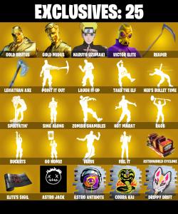 (PC) 291 SKINS ๐ฅ Gold Brutus ๐ฅ Gold Midas ๐ฅ Naruto Uzumaki ๐ฅ Victor Elite ๐ฅ The Imagined ๐ฅ Hybrid ๐ฅ Twyn ๐ฅ Raz ๐ฅ 100 VB | PARENTAL CONTROLS โ Fortnite account listing