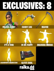 (PC) 100 VB) 210 SKINS ๐ซ Major Glory ๐ฅ Renzo the Destroyer ๐ John Wick ๐ฅ Nezumi ๐ Malik ๐ฅ Valeria ๐ Snap ๐ฅ The Ageless ๐ Mizuki | PARENTAL CONTROL โ Fortnite account listing