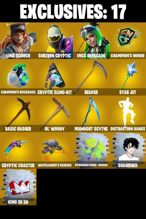 (PC) 206 SKINS 🔥 Lina Scorch 🔥 Subzero Cryptic 🔥 FNCS Renegade 🔥 Omegarok 🔥 Renzo the Destroyer 🔥 Mizuki 🔥 Zeus 🔥 Nezumi 🔥 200 VB | PARENTAL CONTROLS — image 1