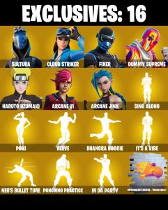 (PC/XBOX) 329 SKINS ๐ฅ Master Chief ๐ฅ Sultura ๐ฅ Cloud Striker ๐ฅ Fixer ๐ฅ Dummy Supreme ๐ฅ Naruto Uzumaki ๐ฅ Arcane Vi ๐ฅ Arcane Jinx ๐ฅ 500 VB | PARENTAL CONTROLS โ Fortnite account listing