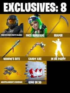 (PC/PSN) 318 SKINS ๐ฅ Renegade Raider ๐ฅ Master Chief (Matte Black) ๐ฅ FNCS Renegade ๐ฅ Omegarok ๐ฅ Midas Rex ๐ฅ Joltara ๐ฅ 100 VB | PARENTAL CONTROLS โ Fortnite account listing