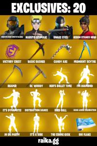 (PC) 100 VB) 407 SKINS ๐ฅ Renegade Raider ๐ฅ Master Chief (Matte Black) ๐ฅ Naruto Uzumaki ๐ฅ Snake Eyes ๐ฅ Heron Stance Hero ๐ฅ Roni | PARENTAL CONTROLS โ Fortnite account listing