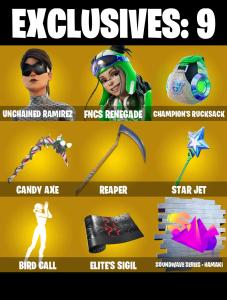 (PC/PSN/XBOX) 219 SKINS 🍒 Unchained Ramirez 🍒 FNCS Renegade 🍒 Backlash 🍒 The Foundation 🍒 Optimus Prime 🍒 Era 🍒 The Ageless 🍒 300 V-Buck PARENTAL CONTROL — Fortnite account listing