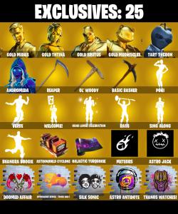 (PC/PSN/XBOX) 226 SKINS ๐ Gold Midas ๐ Gold TNTina ๐ Gold Brutus ๐ Gold Meowscles ๐ Tart Tycoon ๐ Andromeda ๐ Eternal Knight ๐ 50 V-Buck PARENTAL CONTROL โ Fortnite account listing