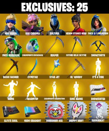 (PC/PSN/XBOX) 252 SKINS / Neo Versa π° Vivi Chroma π° Sultura π° Heron Stance Hero π° FNCS 3:1 Champion π° FNCS Renegade π° Snap π° 300 V-Buck PARENTAL CONTROL β image 1