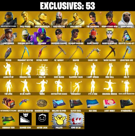 (PC/PSN/XBOX) 706 SKINS π Renegade Raider π Master Chief (Matte Black) π Gold Midas π Gold Meowscles π Gold Kratos π 2700 V-Bucks PARENTAL CONTROL β image 1