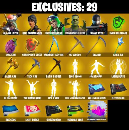 (PC/PSN/XBOX) 445 SKINS π Master Chief π Major Lazer π Keri Commander π FNCS Renegade π Frankenstein's Monster π Snake Eyes π 0 V-Bucks PARENTAL CONTROL β image 1