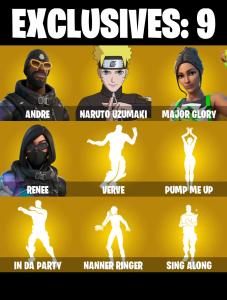 (PC/PSN/XBOX) 199 SKINS 🍒 Andre 🍒 Naruto Uzumaki 🍒 Major Glory 🍒 Renee 🍒 Eternal Knight 🍒 Torin 🍒 Oppressor 🍒 The Imagined 🍒 200 V-Buck PARENTAL CONTROL — Fortnite account listing