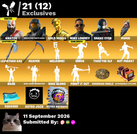 ☄️ [PC/XBOX/NINTENDO] 294 skins 🪐 Leviathan Axe 🦋 Chun-Li ⚡ Kratos 🖤 Master Chief (Matte Black) 💛 Gold Midas 🦉 Mike Lowrey 🌄 Lara Croft 🐉 Snake Eyes 🌌 Galaxia 🌟 Lebron James 🍓 Lil Tecca 🥀 Ruin 🌅 Zenith 🔮 Oppressor 💜 Vegeta 🐞 Predator 🩷 1500 VB — image 2
