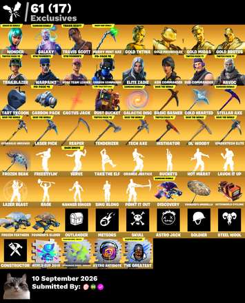 🐝 [PC/NINTENDO/IOS] 199 skins 🪻 OG STW 🌟 Wonder 🌌 Galaxy 💜 Travis Scott 🎀 Merry Mint Axe 🧡 Gold TNTina 🩷 Gold Meowscles 💛 Gold Midas 🖤 Gold Brutus 🩵 Trailblazer 🌿 Carbon Commando 💰 200 VB — image 1