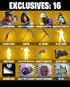 (PC/PSN/XBOX) 234 SKINS ๐ Lina Scorch ๐ FNCS 3:1 Champion ๐ Subzero Cryptic ๐ The Cube Queen ๐ Peter Griffin ๐ The Origin ๐ 1200 V-Buck PARENTAL CONTROL โ Fortnite account listing