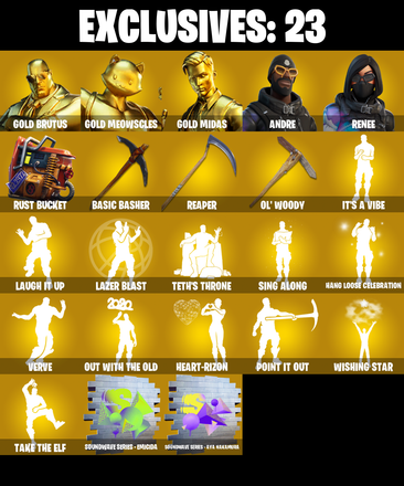 (PC/PSN/XBOX) 218 SKINS ⚡️ Gold Brutus ⚡️ Gold Meowscles ⚡️ Gold Midas ⚡️ Andre ⚡️ Renee ⚡️ Spire Assassin ⚡️ Galaxia ⚡️ Lynx ⚡️ Sorana ⚡️ 150 V-Bucks — image 1
