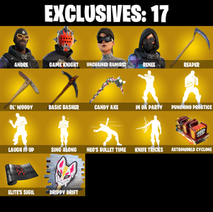 (PC/PSN/XBOX) 231 SKINS 🍒 Andre 🍒 Game Knight 🍒 Unchained Ramirez 🍒 Renee 🍒 Wukong 🍒 The Imagined 🍒 Backlash 🍒 Zeus 🍒 0 V-Buck PARENTAL CONTROL — Fortnite account listing