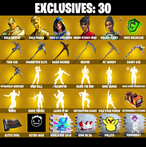 (PC/PSN/XBOX) 383 SKINS π Gold Brutus π Gold Midas π FNCS 3:1 Champion π Heron Stance Hero π Major Glory π Raz π Dark Vanguard π 0 V-Buck PARENTAL CONTROL β Fortnite account listing