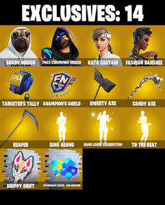 (PC/XBOX) 244 SKINS ๐ฅ Shady Doggo ๐ฅ FNCS Champion Seeker ๐ฅ Kata Captain ๐ฅ Fashion Banshee ๐ฅ Torin ๐ฅ The Imagined ๐ฅ The Origin ๐ฅ 300 V-Buc๐ฅ PARENTAL CONTROLS โ Fortnite account listing
