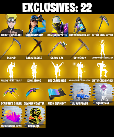 (PC/PSN/XBOX) 192 SKINS π Naruto Uzumaki π Cloud Striker π Subzero Cryptic π The Imagined π Joey π Torin π Snap π The Cube Queen π 0 V-Buc PARENTAL CONTROL β image 1