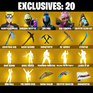 (PC/PSN/XBOX) 216 SKINS ๐ Renegade Raider ๐ Naruto Uzumaki ๐ Subzero Cryptic ๐ Sultura ๐ Vivi Chroma ๐ Kymera ๐ Joltara ๐ 0 V-Buck PARENTAL CONTROL โ Fortnite account listing