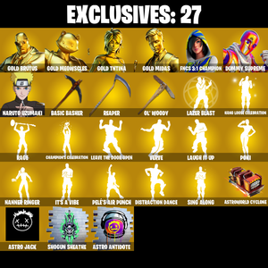 (PC) 450 VB) 235 SKINS ๐ซ Renegade Raider ๐ฅ Gold Brutus ๐ Gold Meowscles ๐ฅ Gold TNTina ๐ Gold Midas ๐ฅ FNCS 3:1 Champion ๐ Dummy Supreme | PARENTAL CONTROL โ Fortnite account listing