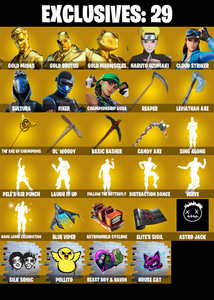 (PC/PSN/XBOX) 308 SKINS ๐ซ Gold Midas โก๏ธ Gold Brutus ๐ Gold Meowscles โก๏ธ Naruto Uzumaki ๐ Cloud Striker โก๏ธ Sultura ๐ Fixer | 100 V-Buck | PARENTAL CONTROLS โ Fortnite account listing