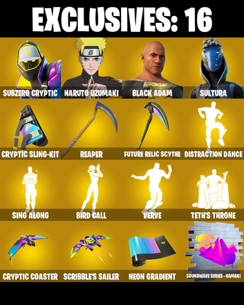 (PC) 223 SKINS 🔥 Renegade Raider 🔥 Subzero Cryptic 🔥 Naruto Uzumaki 🔥 Black Adam 🔥 Sultura 🔥 Hypersonic 🔥 Sky Stalker 🔥 200 V-Buc🔥 PARENTAL CONTROLS — image 1