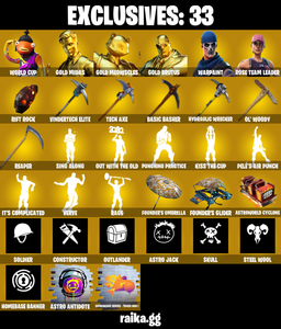 (PC/PSN) 0 VB) 226 SKINS ๐ฅ WORLD CUP ๐ฅ Gold Midas ๐ฅ Gold Meowscles ๐ฅ Gold Brutus ๐ฅ The Foundation ๐ฅ Red Knight ๐ฅ Alli ๐ฅ Nezumi ๐ฅ Raptor๐ฅ PARENTAL CONTROLS โ Fortnite account listing