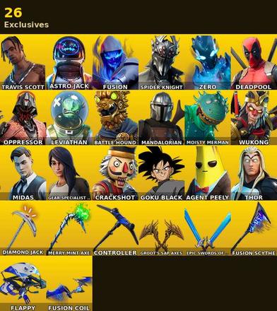 [PC] | 52 skins | 1600 V-bucks | Merry Mint Axe | Travis Scott | Astro Jack | Fusion | Spider Knight | Zero | Deadpool | Oppressor | #VDK1136 — image 1