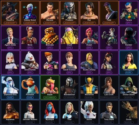 [PC/PSN/XBOX] 35 Skins | Deadfire | Fade | Galaxy Scout | Mandalorian | Menace | Predator | Raz | Yautja Wristblades | Agent Jones | Aquaman | Aquaman's Trident | Beastfang | Cluck | Combat Knife | Crystal Axe of the Masters | Doctor Doom | Eon Blades — image 1