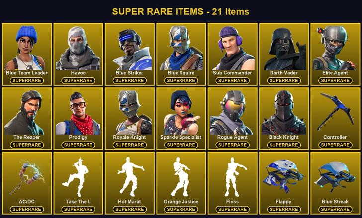 [PC] 56 Skins | AC/DC | Black Knight | Blue Squire | Blue Striker | Blue Team Leader | Controller | Darth Vader | Elite Agent | Havoc | Prodigy | Rogue Agent | Royale Knight | Sparkle Specialist | Sub Commander | The Reaper | Carbide | Dark Voyager — image 1