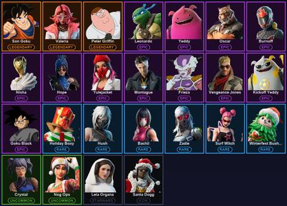 [PC/PSN] 25 Skins | Peter Griffin | Son Goku | Valeria | Blade of the Waning Moon | Burnoff | Ember Pick | Frieza | Goku Black | Hope | Kickoff Yeddy | Leia Organa | Leo's Katana | Leonardo | Montague | Nisha | Oscar | Power Pole (Nyoibo) | Santa Dogg — Fortnite account listing