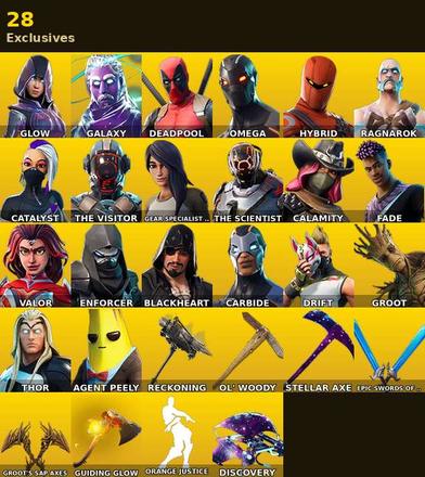 [PC/PSN] | 54 skins | Orange Justice | Galaxy | Glow | Omega | Deadpool | Hybrid | Ragnarok | Catalyst | The Visitor | Gear Specialist Maya | #XGB1458 — image 1